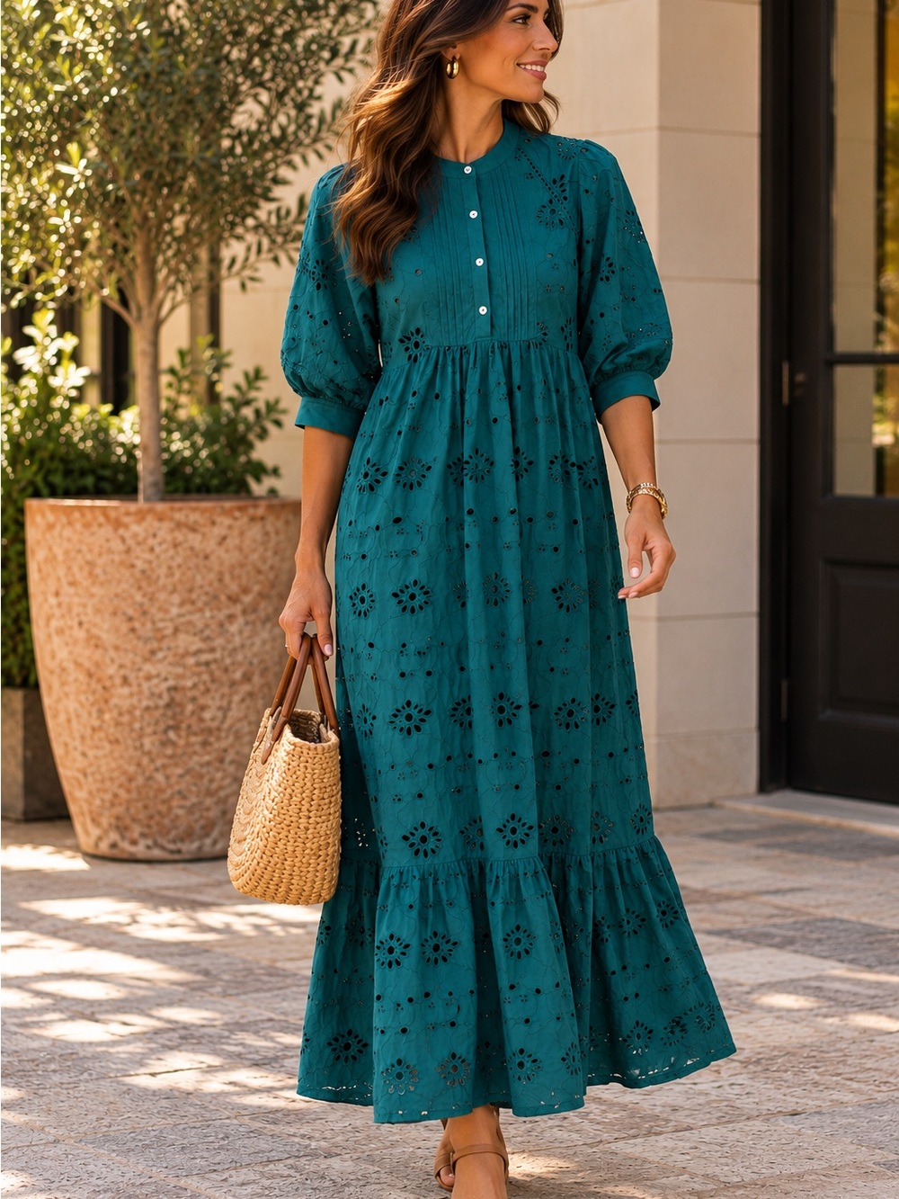Eyelet Puff-Sleeve Maxi Dress in Teal